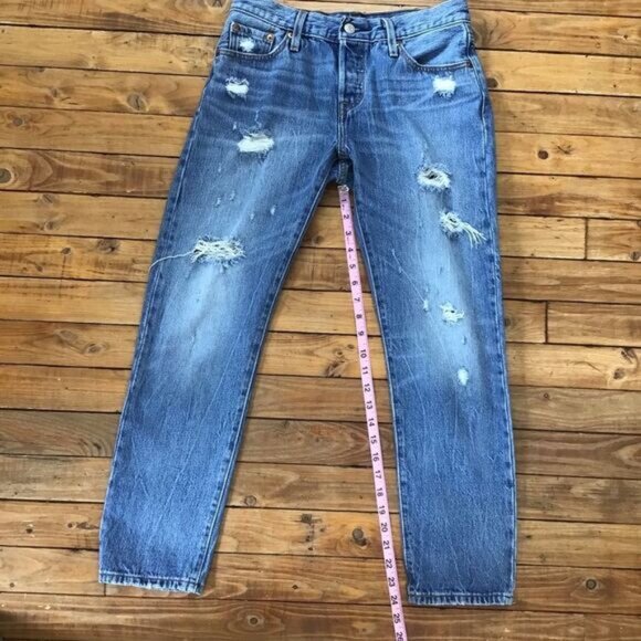 Levis 501 Blue Jeans Distressed ripped 100% cotton denim button fly straight 25 - Picture 6 of 12